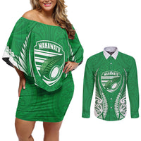 Manawatu 2026 Rugby Custom Couples Matching Off Shoulder Short Dress and Long Sleeve Button Shirt NZ Maori Silver Fern LT14 Green - Polynesian Pride