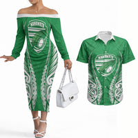Manawatu 2026 Rugby Custom Couples Matching Off The Shoulder Long Sleeve Dress and Hawaiian Shirt NZ Maori Silver Fern LT14 Green - Polynesian Pride