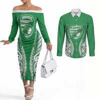 Manawatu 2026 Rugby Custom Couples Matching Off The Shoulder Long Sleeve Dress and Long Sleeve Button Shirt NZ Maori Silver Fern LT14 Green - Polynesian Pride