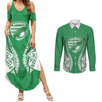 Manawatu 2026 Rugby Custom Couples Matching Summer Maxi Dress and Long Sleeve Button Shirt NZ Maori Silver Fern LT14 Green - Polynesian Pride