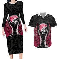 North Harbour 2026 Rugby Custom Couples Matching Long Sleeve Bodycon Dress and Hawaiian Shirt NZ Maori Silver Fern LT14 Maroon - Polynesian Pride