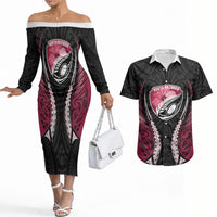 North Harbour 2026 Rugby Custom Couples Matching Off The Shoulder Long Sleeve Dress and Hawaiian Shirt NZ Maori Silver Fern LT14 Maroon - Polynesian Pride