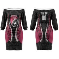 North Harbour 2026 Rugby Custom Family Matching Off The Shoulder Long Sleeve Dress and Hawaiian Shirt NZ Maori Silver Fern LT14 Mom's Dress Maroon - Polynesian Pride