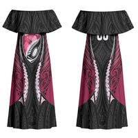 North Harbour 2026 Rugby Custom Family Matching Off Shoulder Maxi Dress and Hawaiian Shirt NZ Maori Silver Fern LT14 Mom's Dress Maroon - Polynesian Pride