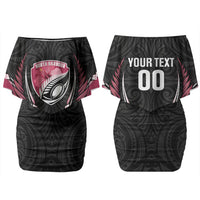 North Harbour 2026 Rugby Custom Family Matching Off Shoulder Short Dress and Hawaiian Shirt NZ Maori Silver Fern LT14 Mom's Dress Maroon - Polynesian Pride