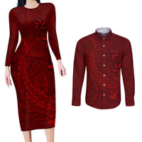 Oxblood Polynesia Couples Matching Long Sleeve Bodycon Dress and Long Sleeve Button Shirt Hawaiian Tribal Hammerhead Shark Tattoo