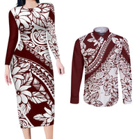 Polynesian Tropical Flowers Oxblood Color Couples Matching Long Sleeve Bodycon Dress and Long Sleeve Button Shirt