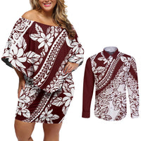 Polynesian Tropical Flowers Oxblood Color Couples Matching Off Shoulder Short Dress and Long Sleeve Button Shirt