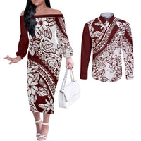 Polynesian Tropical Flowers Oxblood Color Couples Matching Off The Shoulder Long Sleeve Dress and Long Sleeve Button Shirt
