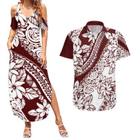 Polynesian Tropical Flowers Oxblood Color Couples Matching Summer Maxi Dress and Hawaiian Shirt