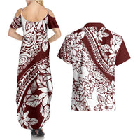 Polynesian Tropical Flowers Oxblood Color Couples Matching Summer Maxi Dress and Hawaiian Shirt
