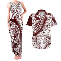 Polynesian Tropical Flowers Oxblood Color Couples Matching Tank Maxi Dress and Hawaiian Shirt
