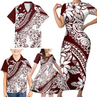 Polynesian Tropical Flowers Oxblood Color Family Matching Short Sleeve Bodycon Dress and Hawaiian Shirt LT14 - Polynesian Pride