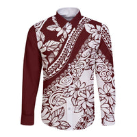Polynesian Tropical Flowers Oxblood Color Long Sleeve Button Shirt