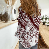 Polynesian Tropical Flowers Oxblood Color Women Casual Shirt