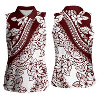 Polynesian Tropical Flowers Oxblood Color Women Sleeveless Polo Shirt