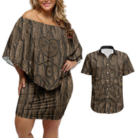 Kioranga Moriori New Zealand Couples Matching Off Shoulder Short Dress and Hawaiian Shirt Kopi Rakau Carving Art LT14 Brown - Polynesian Pride