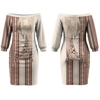 Swimming With Humpback Whales Season Tonga Couples Matching Off The Shoulder Long Sleeve Dress and Hawaiian Shirt Tongan Tofuaa Ngatu Pattern Brown LT14 - Polynesian Pride
