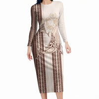 Swimming With Humpback Whales Season Tonga Long Sleeve Bodycon Dress Tongan Tofuaa Ngatu Pattern Brown LT14 Long Dress Brown - Polynesian Pride
