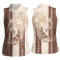 Swimming With Humpback Whales Season Tonga Women Sleeveless Polo Shirt Tongan Tofuaa Ngatu Pattern Brown LT14 - Polynesian Pride