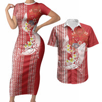 Swimming With Humpback Whales Season Tonga Couples Matching Short Sleeve Bodycon Dress and Hawaiian Shirt Tongan Tofuaa Ngatu Pattern Red LT14 Red - Polynesian Pride