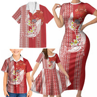 Swimming With Humpback Whales Season Tonga Family Matching Short Sleeve Bodycon Dress and Hawaiian Shirt Tongan Tofuaa Ngatu Pattern Red LT14 - Polynesian Pride