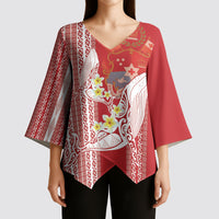 Swimming With Humpback Whales Season Tonga Kimono Sleeve Blouse Tongan Tofuaa Ngatu Pattern Red LT14 - Polynesian Pride