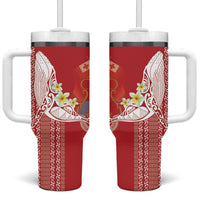 Swimming With Humpback Whales Season Tonga Tumbler With Handle Tongan Tofuaa Ngatu Pattern Red LT14 One Size: 40 oz Red - Polynesian Pride