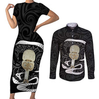 Black New Zealand Eel Couples Matching Short Sleeve Bodycon Dress and Long Sleeve Button Shirt Aotearoa Maori Tuna With Kotiate Weapon LT14 Black - Polynesian Pride