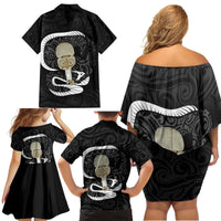 Black New Zealand Eel Family Matching Off Shoulder Short Dress and Hawaiian Shirt Aotearoa Maori Tuna With Kotiate Weapon