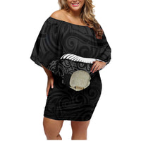 Black New Zealand Eel Family Matching Off Shoulder Short Dress and Hawaiian Shirt Aotearoa Maori Tuna With Kotiate Weapon