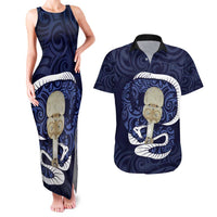 Blue New Zealand Eel Couples Matching Tank Maxi Dress and Hawaiian Shirt Aotearoa Maori Tuna With Kotiate Weapon LT14 Blue - Polynesian Pride