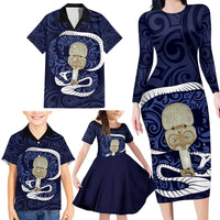 Blue New Zealand Eel Family Matching Long Sleeve Bodycon Dress and Hawaiian Shirt Aotearoa Maori Tuna With Kotiate Weapon LT14 - Polynesian Pride