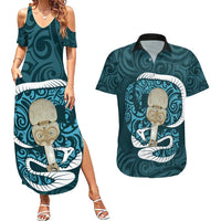 Turquoise New Zealand Eel Couples Matching Summer Maxi Dress and Hawaiian Shirt Aotearoa Maori Tuna With Kotiate Weapon LT14 Turquoise - Polynesian Pride