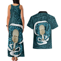 Turquoise New Zealand Eel Couples Matching Tank Maxi Dress and Hawaiian Shirt Aotearoa Maori Tuna With Kotiate Weapon LT14 - Polynesian Pride