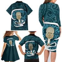 Turquoise New Zealand Eel Family Matching Long Sleeve Bodycon Dress and Hawaiian Shirt Aotearoa Maori Tuna With Kotiate Weapon LT14 - Polynesian Pride