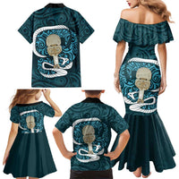 Turquoise New Zealand Eel Family Matching Mermaid Dress and Hawaiian Shirt Aotearoa Maori Tuna With Kotiate Weapon LT14 - Polynesian Pride