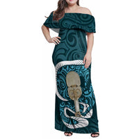 Turquoise New Zealand Eel Family Matching Off Shoulder Maxi Dress and Hawaiian Shirt Aotearoa Maori Tuna With Kotiate Weapon LT14 Mom's Dress Turquoise - Polynesian Pride