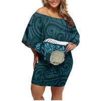 Turquoise New Zealand Eel Family Matching Off Shoulder Short Dress and Hawaiian Shirt Aotearoa Maori Tuna With Kotiate Weapon