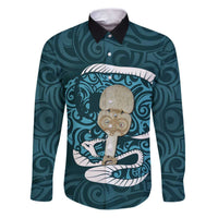 Turquoise New Zealand Eel Family Matching Puletasi and Hawaiian Shirt Aotearoa Maori Tuna With Kotiate Weapon LT14 Dad's Shirt - Long Sleeve Turquoise - Polynesian Pride