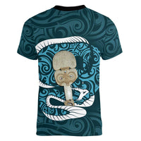 Turquoise New Zealand Eel Women V-Neck T-Shirt Aotearoa Maori Tuna With Kotiate Weapon LT14 - Polynesian Pride