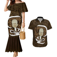Gold New Zealand Eel Couples Matching Mermaid Dress and Hawaiian Shirt Aotearoa Maori Tuna With Kotiate Weapon LT14 Gold - Polynesian Pride