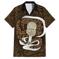 Gold New Zealand Eel Family Matching Off Shoulder Short Dress and Hawaiian Shirt Aotearoa Maori Tuna With Kotiate Weapon