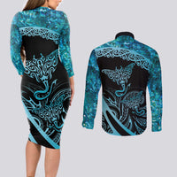 New Zealand Stingray Couples Matching Long Sleeve Bodycon Dress and Long Sleeve Button Shirt Aotearoa Whai With Maori Paua Shell LT14 - Polynesian Pride