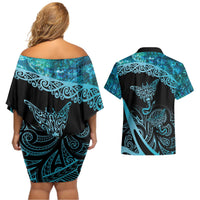 New Zealand Stingray Couples Matching Off Shoulder Short Dress and Hawaiian Shirt Aotearoa Whai With Maori Paua Shell LT14 - Polynesian Pride