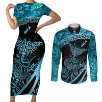 New Zealand Stingray Couples Matching Short Sleeve Bodycon Dress and Long Sleeve Button Shirt Aotearoa Whai With Maori Paua Shell LT14 Turquoise - Polynesian Pride