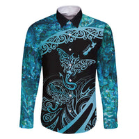 New Zealand Stingray Family Matching Mermaid Dress and Hawaiian Shirt Aotearoa Whai With Maori Paua Shell LT14 Dad's Shirt - Long Sleeve Turquoise - Polynesian Pride