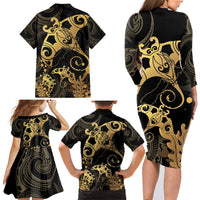 Black And Gold Aotearoa Whai Family Matching Long Sleeve Bodycon Dress and Hawaiian Shirt NZ Stingrays Maori Curves Style LT14 - Polynesian Pride