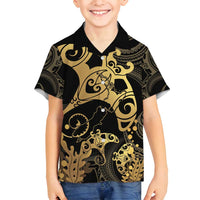 Black And Gold Aotearoa Whai Family Matching Long Sleeve Bodycon Dress and Hawaiian Shirt NZ Stingrays Maori Curves Style LT14 Son's Shirt Gold - Polynesian Pride