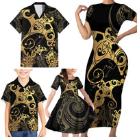 Black And Gold Aotearoa Whai Family Matching Short Sleeve Bodycon Dress and Hawaiian Shirt NZ Stingrays Maori Curves Style LT14 - Polynesian Pride